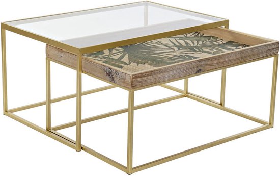 Set van 2 tafels DKD Home Decor Gouden Natuurlijk Hout Metaal Kristal 90 x 60 x 45 cm