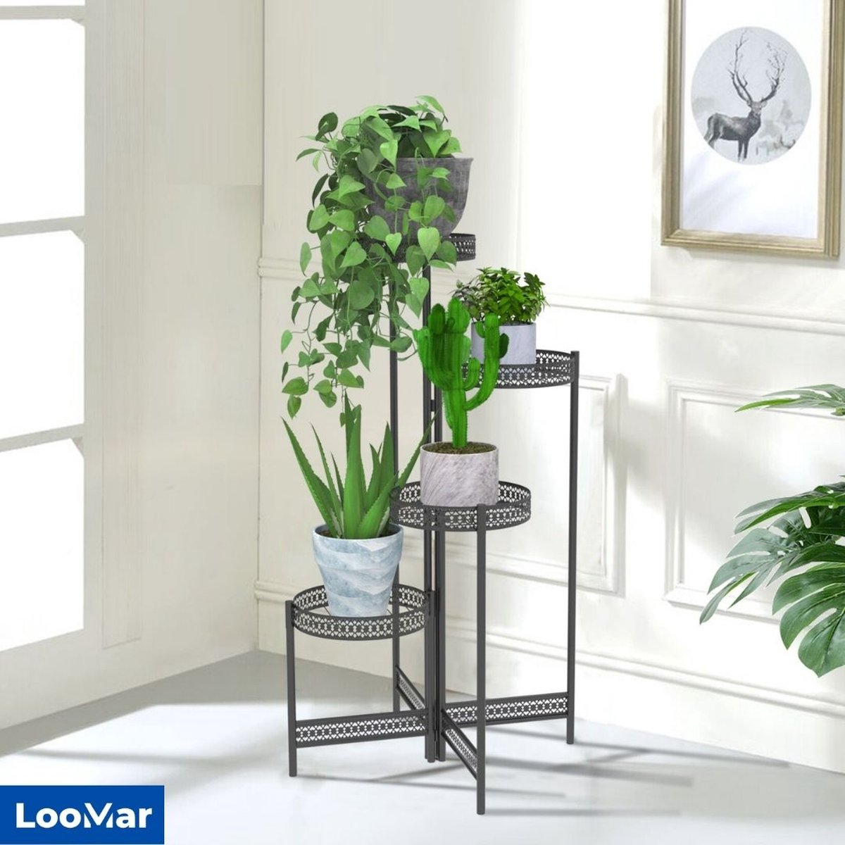 LooMar Plantenrek – Plantentafel – Plantenstandaard / Plantenhouder - Plantentrap - Geschikt voor binnen en buiten - Zwart - Metaal