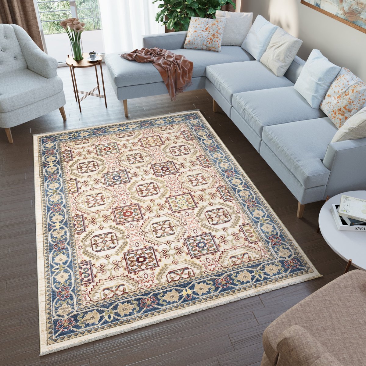 Tapiso Rivoli Vloerkleed Vintage Beige Blauw Oriental Tapijt Maat- 120x170 Beige 3