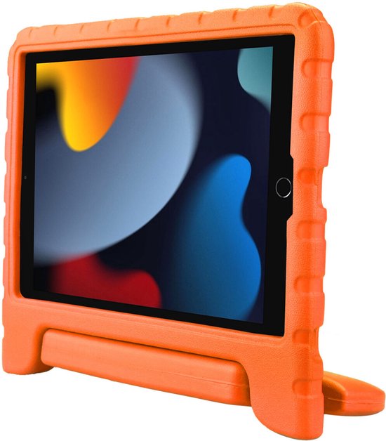 Oranje HappyCase tablethoes met iPad en ingebouwde standaard.