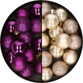 Decoris petites boules de Noël - 28x pcs - champagne et violet - 3 cm - plastique