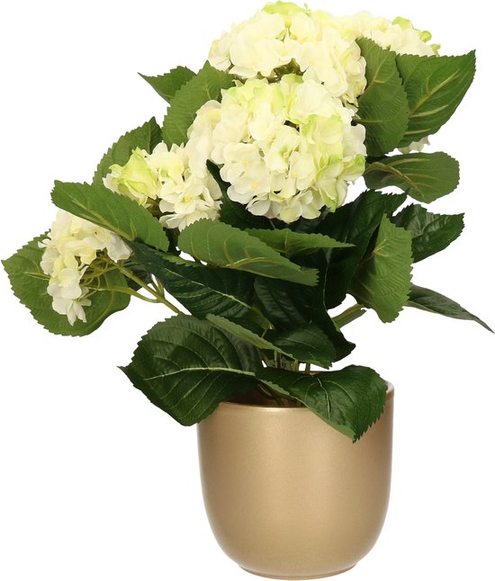 Hortensia kunstplant/kunstbloemen 36 cm - wit/groen - in pot goud glans - Kunst kamerplant
