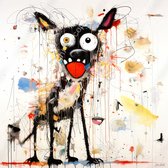 JJ-Art (Glas) 60x60 | Gekke hond, abstract modern surrealisme in Joan Miro stijl, kleurrijk, felle kleuren, kunst | vierkant, dier, rood, geel, zwart, blauw, bruin, modern | Foto-schilderij-glasschilderij-acrylglas-acrylaat-wanddecoratie