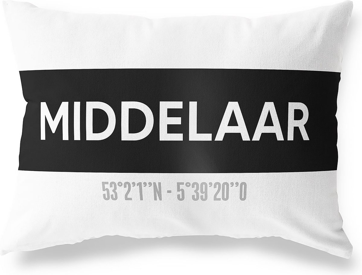 Tuinkussen MIDDELAAR - LIMBURG met coördinaten - Buitenkussen - Bootkussen - Weerbestendig - Jouw Plaats - Studio216 - Modern - Zwart-Wit - 50x30cm