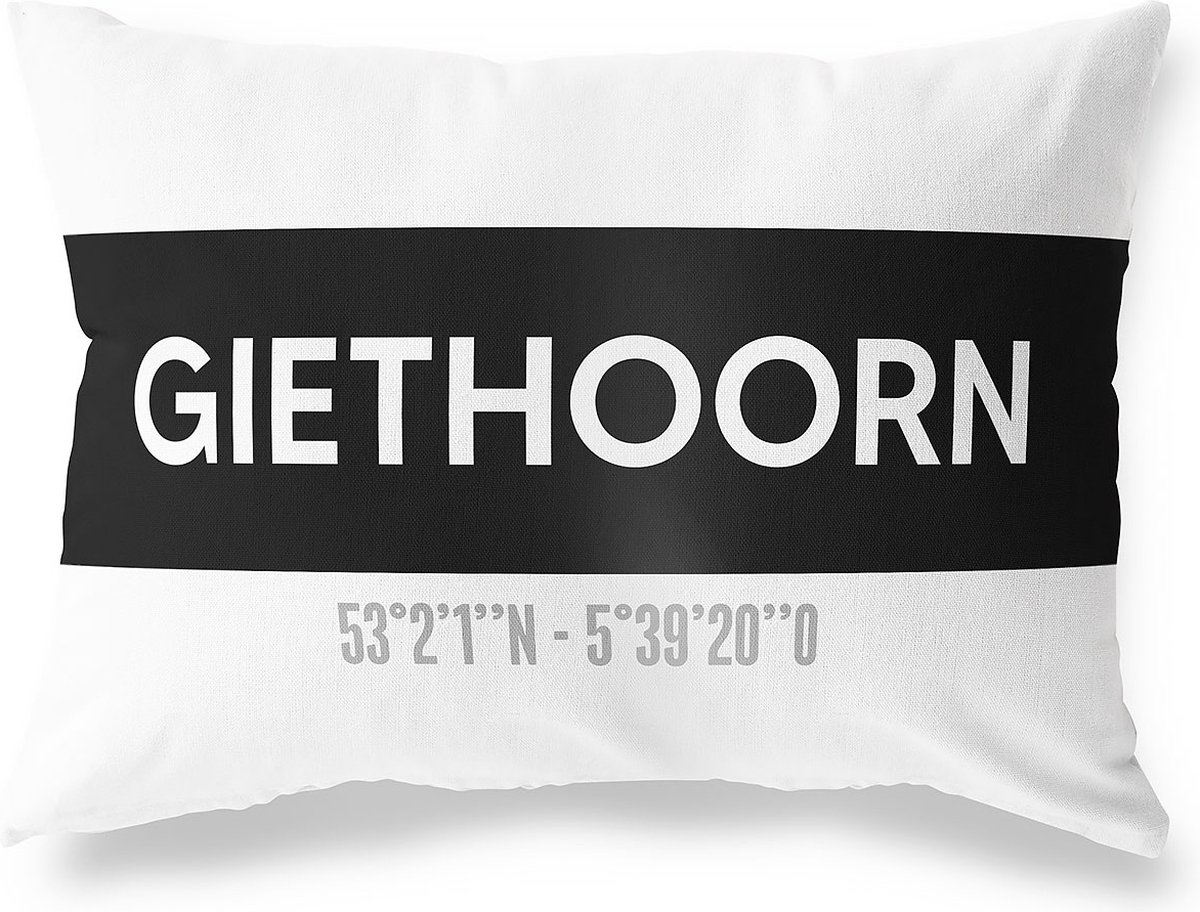 Tuinkussen GIETHOORN - OVERIJSSEL met coördinaten - Buitenkussen - Bootkussen - Weerbestendig - Jouw Plaats - Studio216 - Modern - Zwart-Wit - 50x30cm