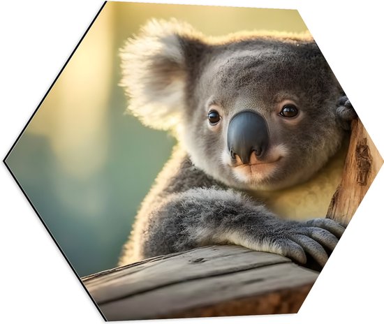 Dibond Hexagon - Aandoenlijke Koala van Achter Boom - 60x52.2 cm Foto op Hexagon (Met Ophangsysteem)