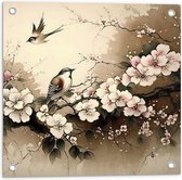Tuinposter – Tekening van Vogels Vliegend bij Tak met Bloemen - 50x50 cm Foto op Tuinposter (wanddecoratie voor buiten en binnen)