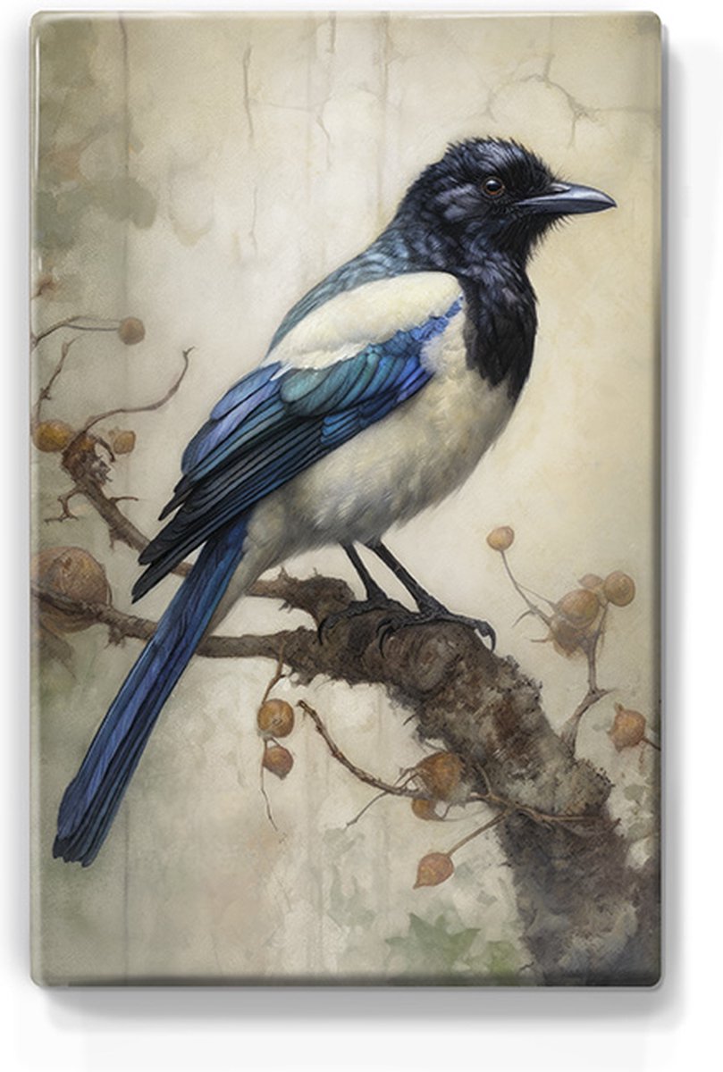 Blauwe Ekster - Laqueprint - 19,5 x 30 cm - Niet van echt te onderscheiden handgelakt schilderijtje op hout - Mooier dan een print op canvas. - LP351