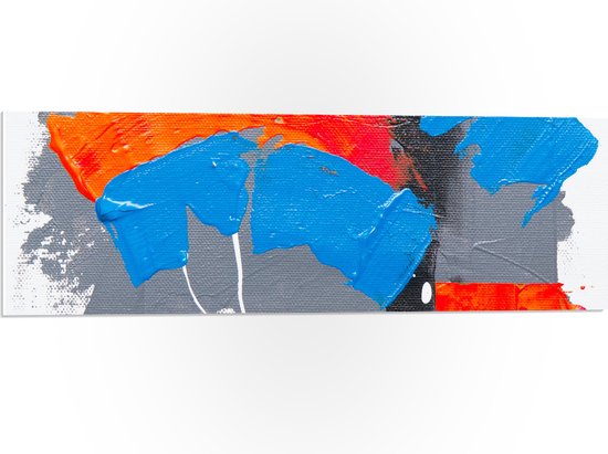 PVC Schuimplaat - Oranje, Rode Blauwe en Grijze Verfvlekken op Witte Achtergrond - 90x30 cm Foto op PVC Schuimplaat (Met Ophangsysteem)