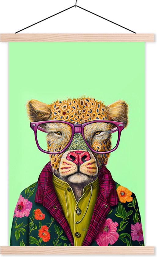 Posterhanger incl. Poster 120x180 cm - Schoolplaat - Dieren - Bril - Hond - Design - Textielposter - Blanke latten