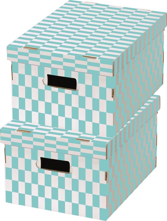 Lot de 2 boîtes de rangement en carton à carreaux - Bleu / Blanc | bol.com
