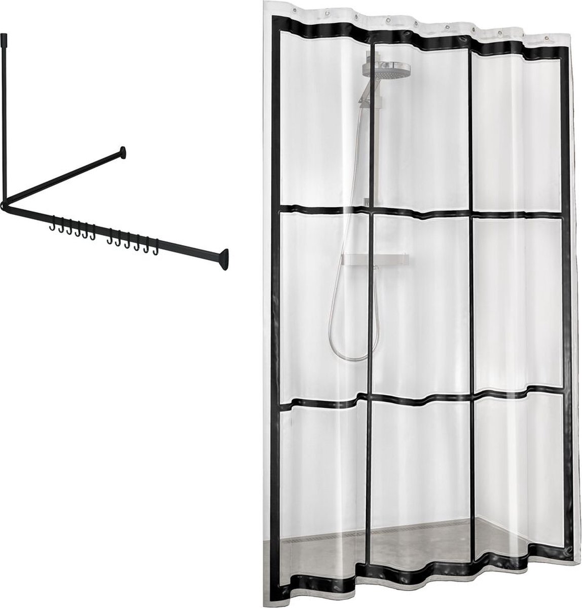 Sealskin easy roll - douchegordijnstangset 90x90x90 cm met douchegordijn 180x200 cm - zwart / transparant