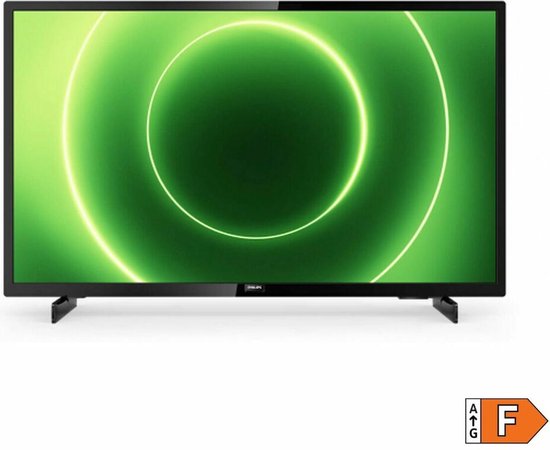 Zwarte Philips tv met groen gloeiende cirkel op scherm en energielabel F.