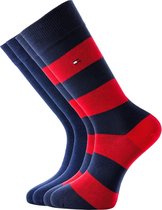 Tommy Hilfiger Rugby Stripe Socks (2-pack) - herensokken katoen gestreept en uni - blauw met rood -  Maat: 43-46