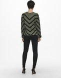 Dames trui met zwarte chevron-strepen, gedragen door een model op een witte achtergrond.