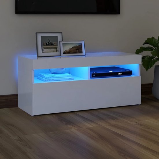 Meuble TV The Living Store - éclairage LED- blanc - bois fini - 90x35x40cm