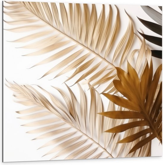 Dibond - Tropische Bladeren in Goudtinten tegen Witte Achtergrond - 100x100 cm Foto op Aluminium (Met Ophangsysteem)