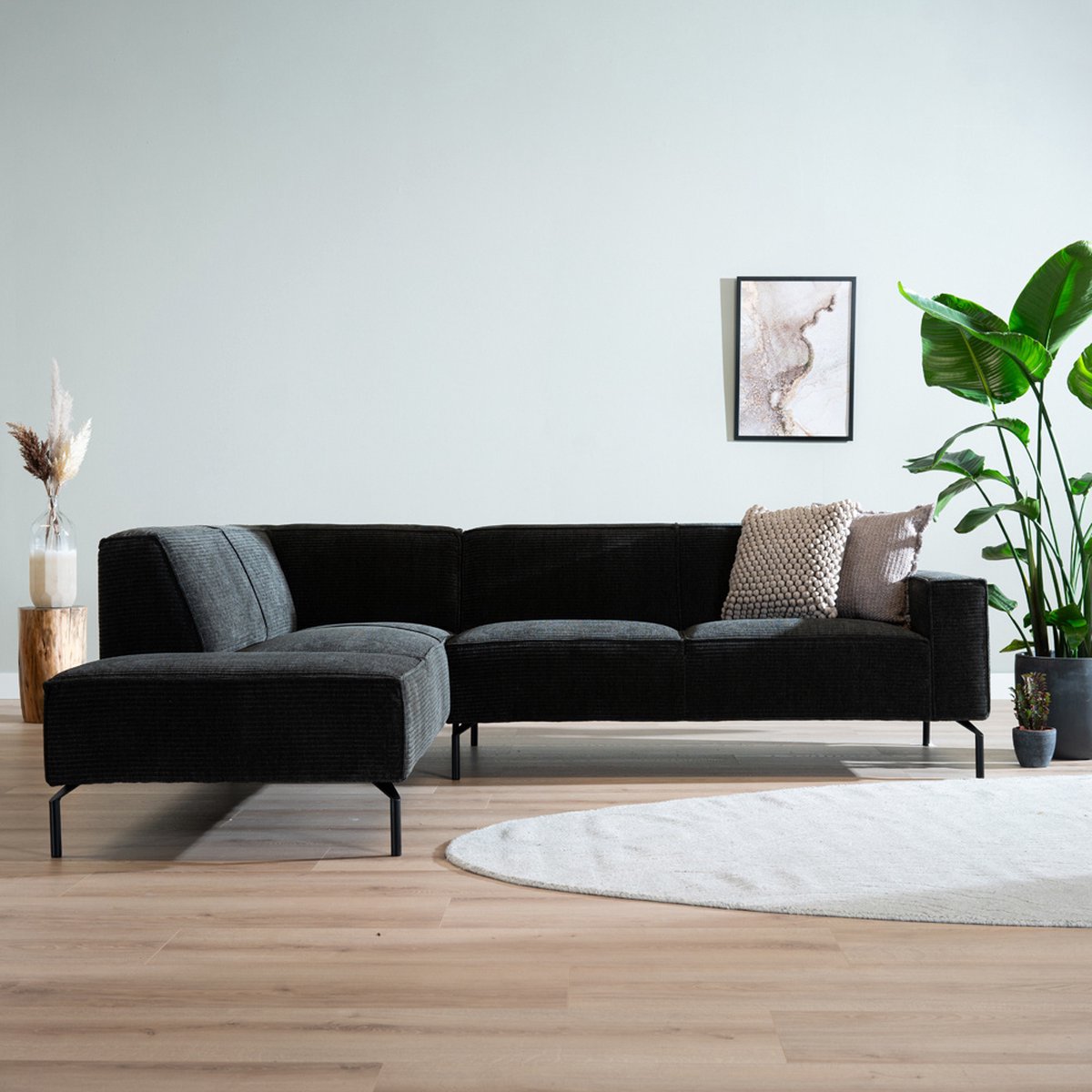 Bronx71® Hoekbank Kansas antraciet/ donkergroen ribstof links