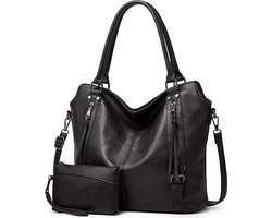 TAN.TOMI - Dames Handtassen set met Portemonnee - Schoudertas - Grote Shopper - Tweedelige - Zwart - Valentijn cadeautje voor haar!