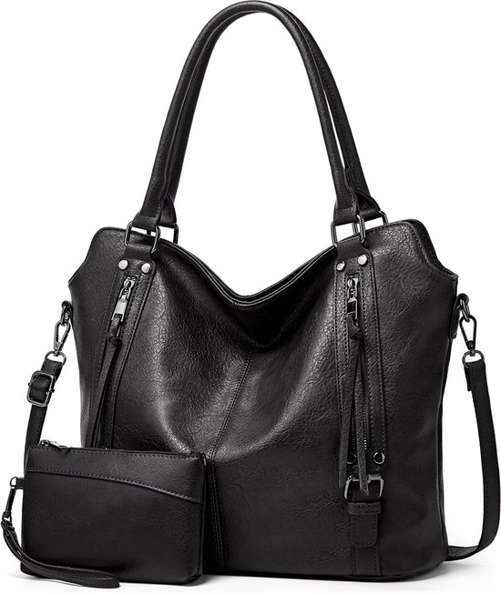 TAN.TOMI - Dames Handtassen set met Portemonnee - Schoudertas - Grote Shopper - Tweedelige - Zwart - Valentijn cadeautje voor haar!