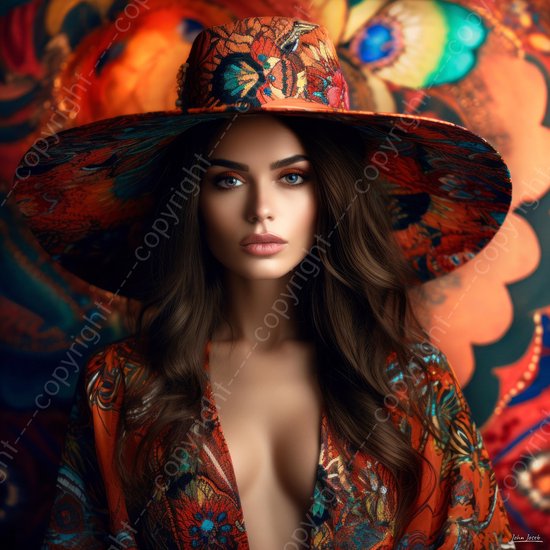 JJ-Art (Toile) 60x60 | Femme au chapeau dans un style hippie bohème, robe,  art |... | bol.com