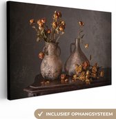Canvas Schilderij Stilleven - Bloemen - Vaas - Donker - 120x80 cm - Wanddecoratie