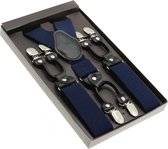 Luxe chique bretels - donkerblauw effen - Sorprese - zwart leer - 6 stevige clips - heren - unisex