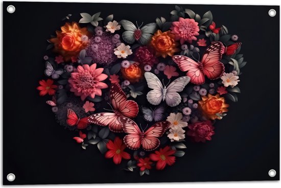 Tuinposter – Hart van Verschillende Bloemen en Vlinders tegen Zwarte Achtergrond - 75x50 cm Foto op Tuinposter (wanddecoratie voor buiten en binnen)