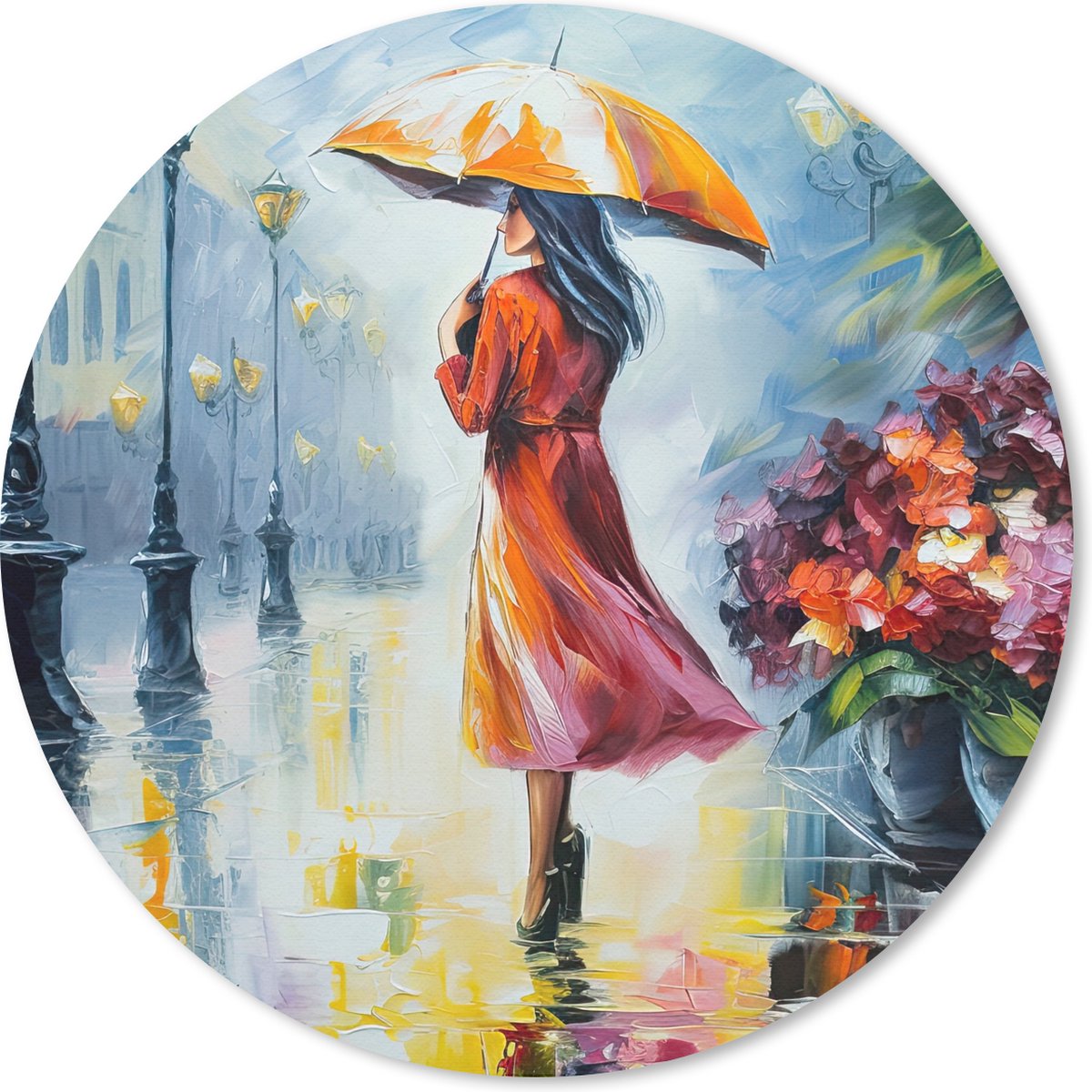 Muismat rond 50x50 cm - Mousepad Olieverf - Paraplu - Vrouw - Straat - Kunst - Ronde muismatten