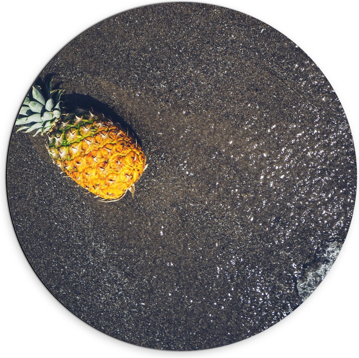 Dibond Muurcirkel - Ananas op het Strand met Zee - 70x70 cm Foto op Aluminium Muurcirkel (met ophangsysteem)