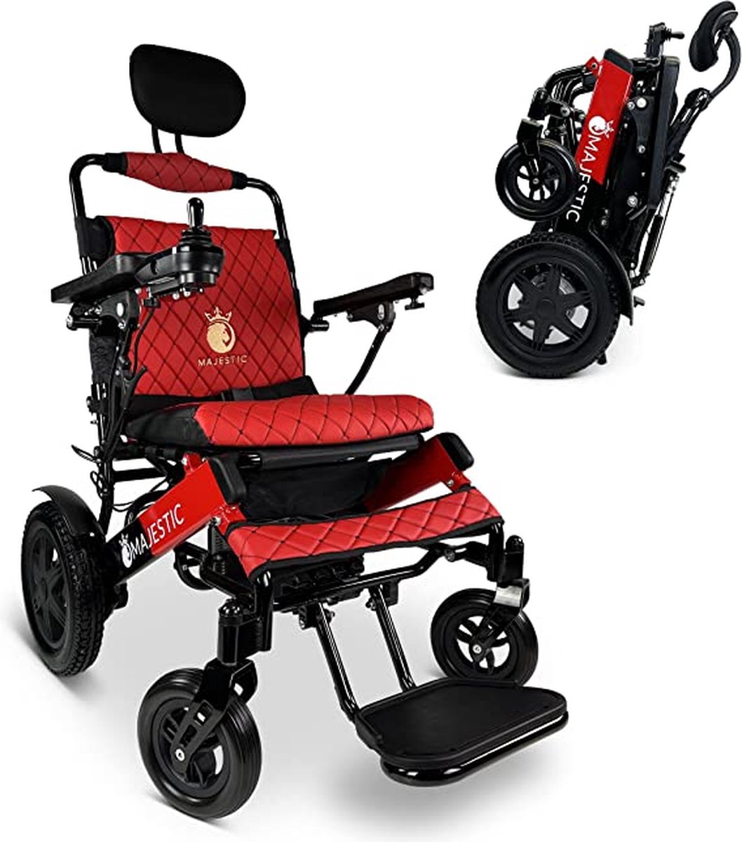 Goedkoopste COMFYGO IQ-9000 AR Elektrische rolstoel, lichtgewicht, draadloze afstandsbediening, tot 30km, handmatig inklapbaar met Automatisch achterover leunen, Zwart&Rood frame & Rood leer textiel, Zitbreedte 51cm