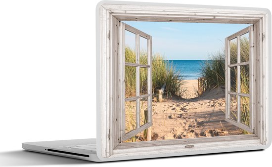 Foto: Laptop sticker 10 1 inch doorkijk strand zee duinen zand water helmgras 25x18cm laptopstickers laptop skin cover