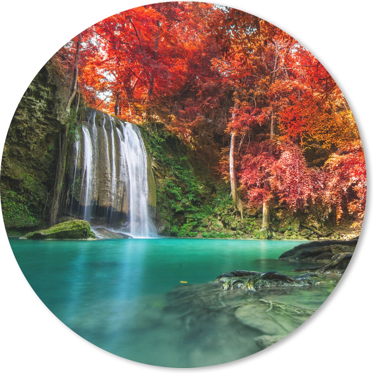 Muismat rond 20x20 cm - Mousepad Waterval - boom - Rood - Herfst - Water - Ronde muismatten