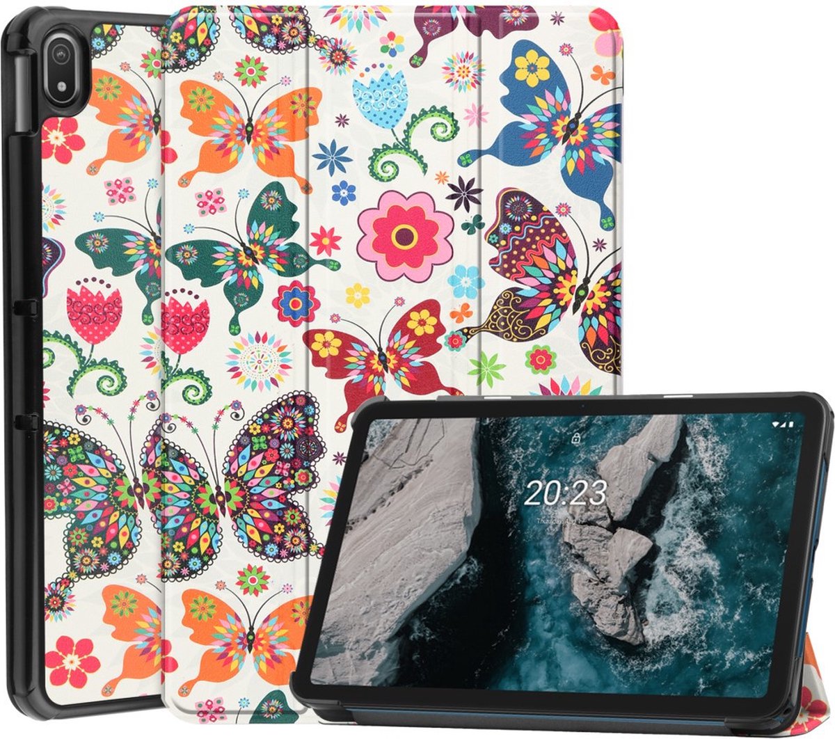 Tablethoes geschikt voor Nokia T20 Hoesje - Tri-Fold Book Case met Wake/Sleep - Vlinders
