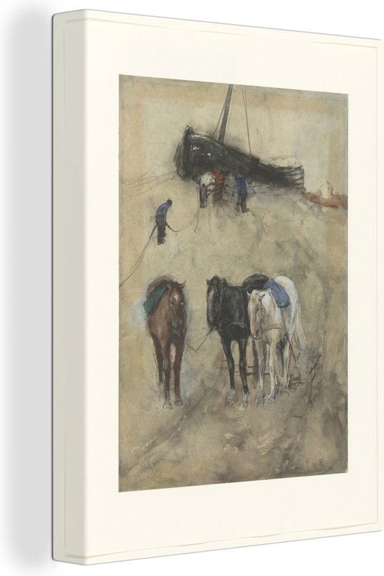Canvas Schilderij Paarden op het strand met op de achtergrond een schuit en vissers - Schilderij van George Hendrik Breitner - 60x80 cm - Wanddecoratie