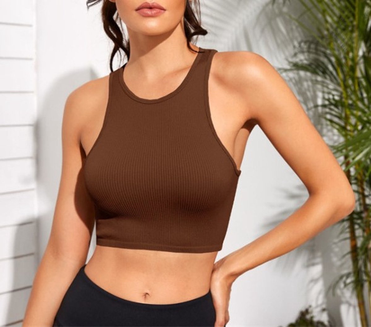 ASTRADAVI Casual Wear - Geribbelde Crop Tops Dames - Mouwloos Tanktops - Bruin / Small