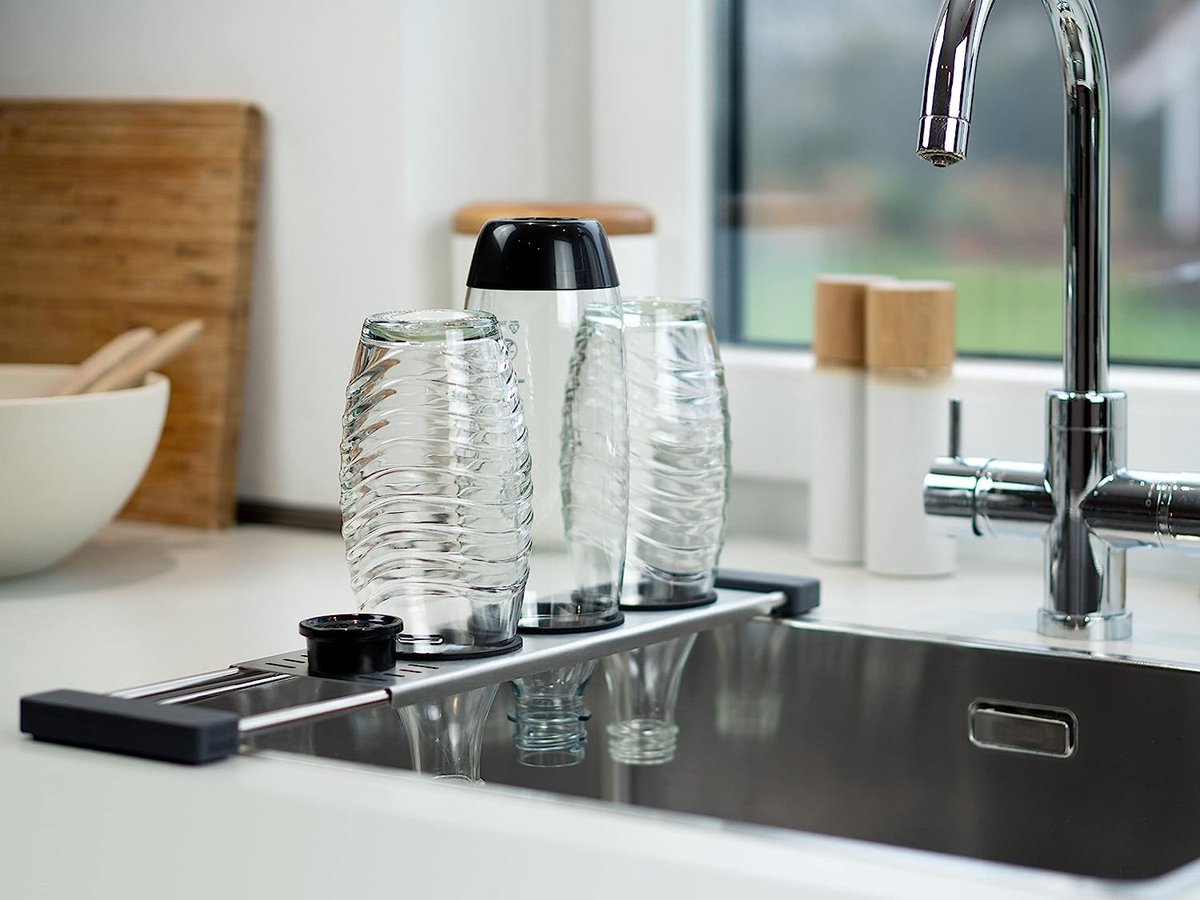 SODACLEAN Premium flessenhouder met lekbak - voor SodaStream Duo Crystal flessen | van hoogwaardig roestvrij staal - afdruiphouder met dekselhouder | Easy Fuse Power Emil UVM. (4 stuks