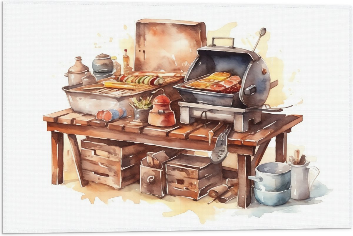 Vlag - Waterverf Tekening met Barbecue en Eten - 60x40 cm Foto op Polyester Vlag