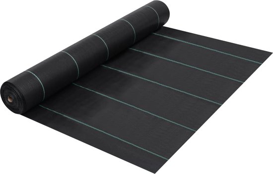 Zwart worteldoek op rol met turquoise strepen, deels afgerold om de textuur te tonen.