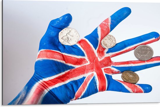 Dibond - Engelse Vlag en Valuta op Handpalm - 75x50 cm Foto op Aluminium (Met Ophangsysteem)