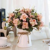 Bloemen in vaas Zijden rozen Bloemen met vazen ​​Bloemboeketten met keramische vaas voor keukentafeldecoratie Middelpuntdecoratie (roze)
