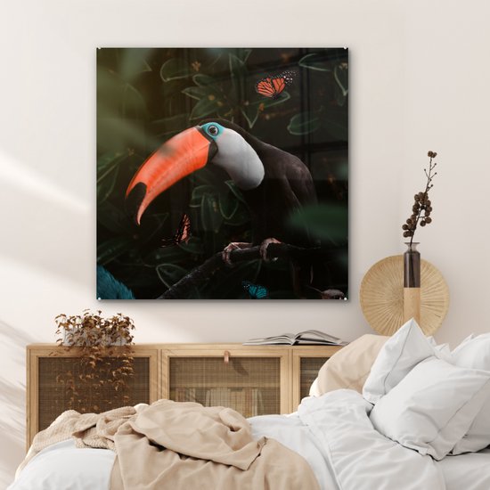 MuchoWow® Peinture sur verre 90x90 cm - Peinture sur verre - Toucan - Papillon - Feuilles - Photo sur verre acrylique - Peintures