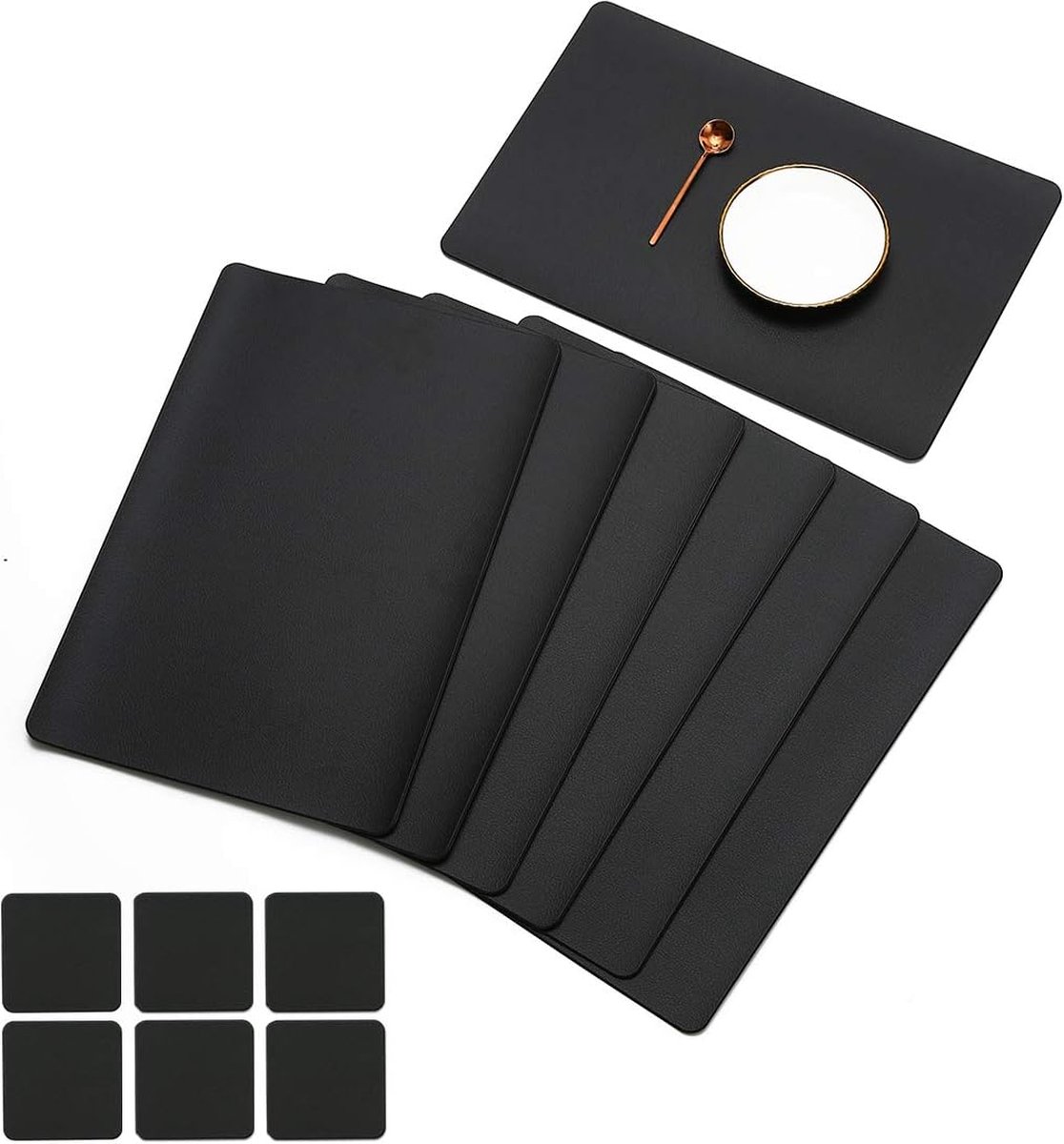 Set van 6 placemats en 6 onderzetters veeg schoon antislip vinyl PVC hittebestendige placemats voor keukentafel 30 * 45cm zwart