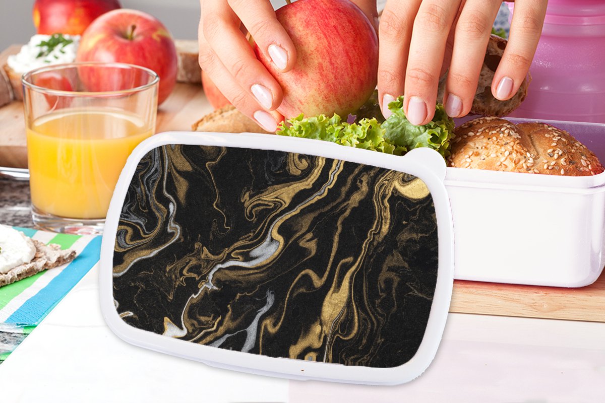 Broodtrommel Wit - Lunchbox - Brooddoos - Marmer - Zilver - Goud - Abstract - 18x12x6 cm - Volwassenen