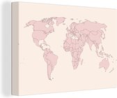 Canvas Wereldkaart - 90x60 - Wanddecoratie Wereldkaart - Simpel - Roze