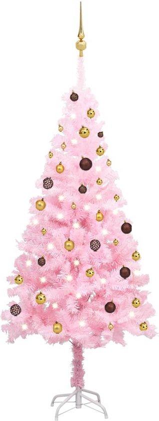 vidaXL - Kunstkerstboom - met - verlichting - en - kerstballen - 180 - cm - PVC - roze