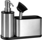 Sink Caddy Organizer avec distributeur de savon intégré - porte-éponge distributeur de savon à vaisselle pour la cuisine - acier inoxydable