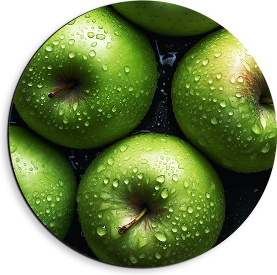 Dibond Muurcirkel - Verse Groene Appels onder de Waterdruppels - 40x40 cm Foto op Aluminium Muurcirkel (met ophangsysteem)