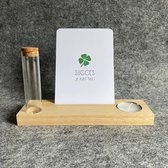 Kaarthouder | Gedenkplankje [21 cm] van hout met glazen buisje en waxinelichtje + Kaart 'Succes, je kunt het' inclusief envelop