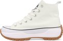 Witte hoge canvas sneaker met dikke zool en bruine profielzool, van de zijkant bekeken.